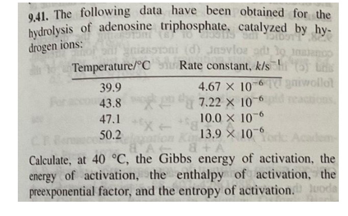 9.41. The following data have been obtained for the
hydrolysis of adenosine triphosphate, catalyzed by hy-
anton (6) TO 15315 San
DST'T
drogen ions:
gniarstoni (d) Jusvlos ad to instanco
Temperature/C
Rate constant, k/shi (o) Lis
39.9
4.67 x 10-6gniwollol
7.22 × 10-6
43.8
eactions.
47.1
10.0 X 10 6
50.2
13.9 X 106 Yor
dem-
8A
8 + A
Calculate, at 40 °C, the Gibbs energy of activation, the
energy of activation, the enthalpy of activation, the
preexponential factor, and the entropy of activation. Juoda