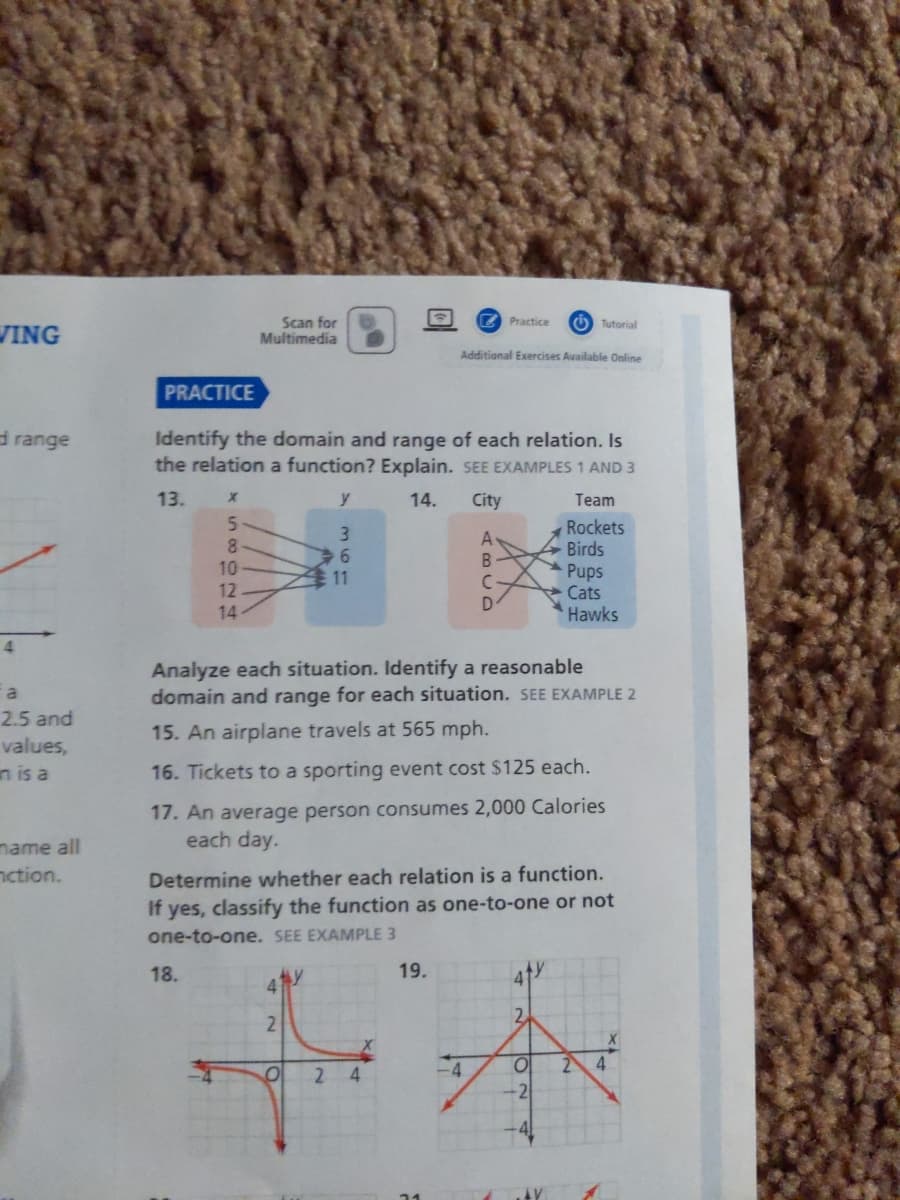 Z Practice
Scan for
Multimedia
O Tutorial
VING
Additional Exercises Available Online
PRACTICE
d range
Identify the domain and range of each relation. Is
the relation a function? Explain. SEE EXAMPLES 1 AND 3
13.
y
14.
City
Team
Rockets
Birds
Pups
Cats
Hawks
3
8.
10
11
12
14
4.
Analyze each situation. Identify a reasonable
domain and range for each situation. SEE EXAMPLE 2
2.5 and
15. An airplane travels at 565 mph.
values,
n is a
16. Tickets to a sporting event cost $125 each.
17. An average person consumes 2,000 Calories
each day.
name all
nction.
Determine whether each relation is a function.
If yes, classify the function as one-to-one or not
one-to-one. SEE EXAMPLE 3
18.
19.
21
2.
-4
2
4.
4.
-2
