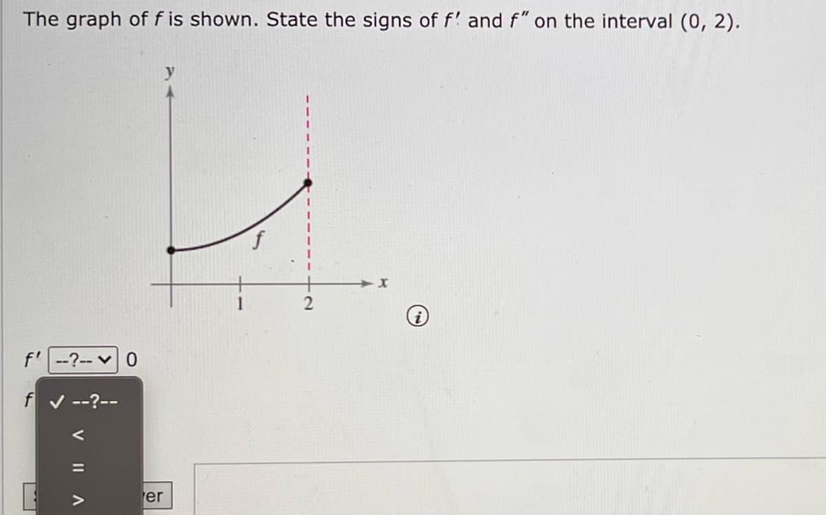 The graph of f is shown. State the signs of f' and f" on the interval (0, 2).
f' --?--0
f✔ --?--
V II A
er
X