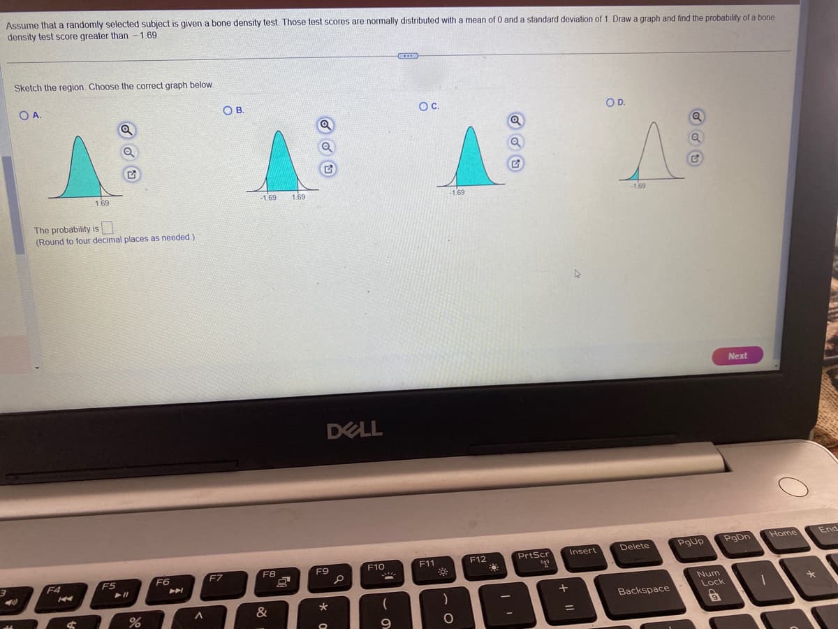 Assume that a randomly selected subject is given a bone density test. Those test scores are normally distributed with a mean of 0 and a standard deviation of 1. Draw a graph and find the probability of a bone
density test score greater than -1.69.
3
4
Sketch the region. Choose the correct graph below.
O A.
F4
The probability is
(Round to four decimal places as needed.).
14
1.69
4
E
F5
➤ 11
%
F6
A
F7
OB.
-1.69 1.69
F8
&
8
DELL
F9
★
0
P
F10
SMC
(
9
***
OC.
F11
0
AA
-1.69
)
F12
Q
Q
-
PrtScr
20
+
4
Insert
O D.
=
-1.69
Delete
Q
Q
Backspace
PgUp
Next
PgDn
Num
Lock
O
Home
0
1
*
End