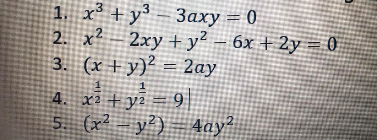1. x³ + y³ – 3axy = 0
Заху
2. x² – 2xy + y² – 6x + 2y = 0
2ау
3. (x + y)² = 2ay
1.
4. x2 +y2 = 9|
5. (x2 –
y²) = 4ay²
