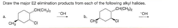 Draw the major E2 elimination products from each of the following alkyl halides.
CH(CH3)2
mCH(CH3)2
"OH
-OH
a.
b.
CH
CH3
