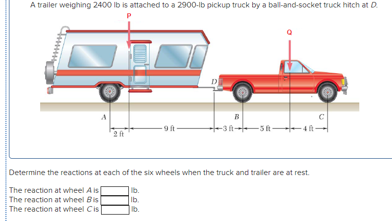 A trailer weighing 2400 lb is attached to a 2900-lb pickup truck by a ball-and-socket truck hitch at D.
P
D
A
B
C
9 ft
t+3 ft- 5 ft 4 ft -
2 ft
Determine the reactions at each of the six wheels when the truck and trailer are at rest.
The reaction at wheel A is
The reaction at wheel Bis
The reaction at wheel Cis
| lb.
Ib.
Ib.
