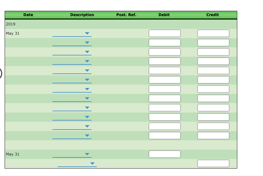 Date
Description
Post. Ref.
Debit
Credit
2019
May 31
May 31
