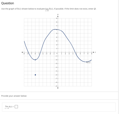 ### Question
Use the graph of \( h(x) \) shown below to evaluate \( \lim_{x \to -6} h(x) \), if possible. If the limit does not exist, enter ∅.

**Graph Analysis:**
The graph of \( h(x) \) is a continuous curve with several peaks and troughs. The x-axis ranges from -12 to 10, and the y-axis ranges from -10 to 6. There is a noticeable behavior at \( x = -6 \):

- The graph approaches different y-values from the left and right of \( x = -6 \).
- As \( x \) approaches -6 from the left, \( h(x) \) approaches approximately 3.
- As \( x \) approaches -6 from the right, \( h(x) \) approaches approximately -8.
- There is a blue dot at the point (-6, -8) indicating the value of the function \( h(-6) = -8 \).

Since the left-hand limit \( \lim_{x \to -6^-} h(x) \) and the right-hand limit \( \lim_{x \to -6^+} h(x) \) are not equal, the overall limit \( \lim_{x \to -6} h(x) \) does not exist.

**Graphical Representation:**
- The graph crosses the y-axis at approximately \( y = 1 \).
- It has a peak at around \( x = -4 \) and a trough at around \( x = 4 \).
- The curve is smooth and appears to be a polynomial function.

**Provide your answer below:**

\[ \lim_{x \to -6} h(x) = \boxed{\varnothing} \]