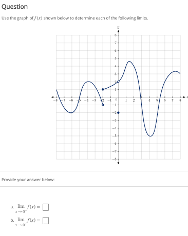 **Question**

Use the graph of \( f(x) \) shown below to determine each of the following limits.

[Graph Description]
- The graph displays the function \( f(x) \) on a coordinate plane ranging approximately from \(-7\) to \(7\) along the x-axis and \(-7\) to \(7\) along the y-axis.
- The graph shows a continuous curve with several peaks and valleys.
- Key points on the graph include a peak at around \( (3, 5) \) and \( (5, 3) \), and valleys at around \( (-1, -2) \) and \( (1, -2) \).
- The graph intercepts the y-axis at \((0, 1)\).

**Provide your answer below:**

a. \( \lim_{{x \to 0}} f(x) = \boxed{\;}\)

b. \( \lim_{{x \to 3}} f(x) = \boxed{\;}\)