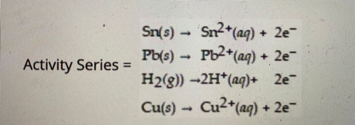 Sn(s)
Sn*(aq)
+ 2e-
Pb(s) Pb+(aq) + 2e
Activity Series =
H2(g))-2H*(ag)+ 2e
Cu(s) → Cu²*(ag) + 2e
