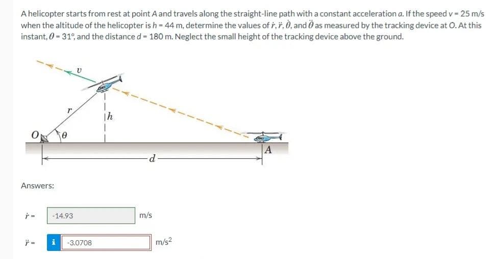 A helicopter starts from rest at point A and travels along the straight-line path with a constant acceleration a. If the speed v = 25 m/s
when the altitude of the helicopter is h = 44 m, determine the values of r, i, 0, and Ö as measured by the tracking device at 0. At this
instant, 0 = 31°, and the distance d = 180 m. Neglect the small height of the tracking device above the ground.
|h
d.
Answers:
ア=
-14.93
m/s
デ=
-3.0708
m/s?
