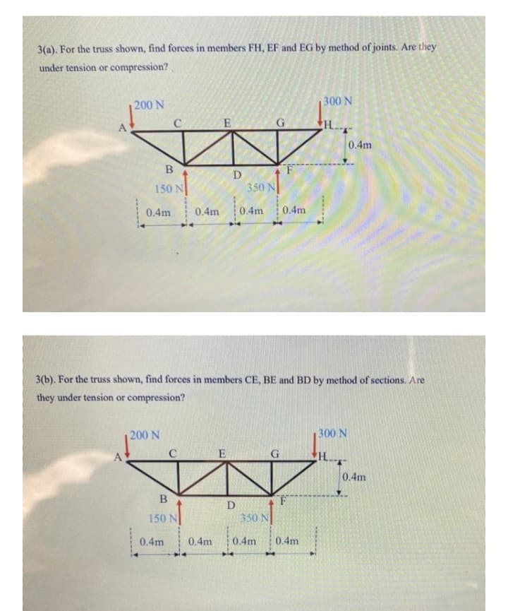 3(a). For the truss shown, find forces in members FH, EF and EG by method of joints. Are they
under tension or compression?
200 N
300 N
C
G
0.4m
D.
150 N
350 N
0.4m
0.4m
0.4m
0.4m
3(b). For the truss shown, find forces in members CE, BE and BD by method of sections. Are
they under tension or compression?
200 N
300 N
A
C
E
G
H..
0.4m
150 N
350 N
0.4m
0.4m
0.4m
0.4m
