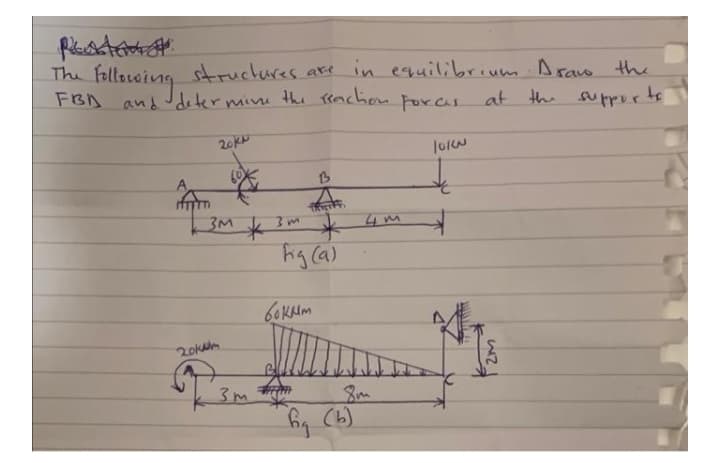 struckures are in equilibrium Araw
The falloeing
and Jdeter muine the reachon For.cas at the
the
suprvrts
20KP
60
ifm
3M
hig Ca)
201m
3m
