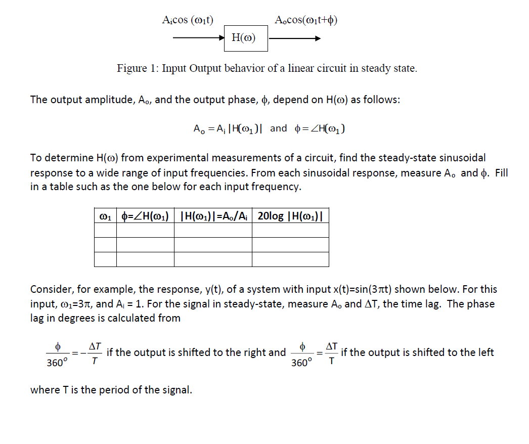 Aicos (wit)
A。cos(@it+6)
H()
Figure 1: Input Output behavior of a linear circuit in steady state.
The output amplitude, A., and the output phase, o, depend on H() as follows:
A₁ = A¡ |H[1]] and $=ZH(1)
To determine H(@) from experimental measurements of a circuit, find the steady-state sinusoidal
response to a wide range of input frequencies. From each sinusoidal response, measure A. and . Fill
in a table such as the one below for each input frequency.
@₁ | 0=H(@1)||H(@1)|=A。/A₁| 20log | H(1)|
Consider, for example, the response, y(t), of a system with input x(t)=sin(3лt) shown below. For this
input, ₁=3л, and A₁ = 1. For the signal in steady-state, measure A. and AT, the time lag. The phase
lag in degrees is calculated from
==
360°
AT
T
if the output is shifted to the right and
$
=
360°
where T is the period of the signal.
AT
T
if the output is shifted to the left