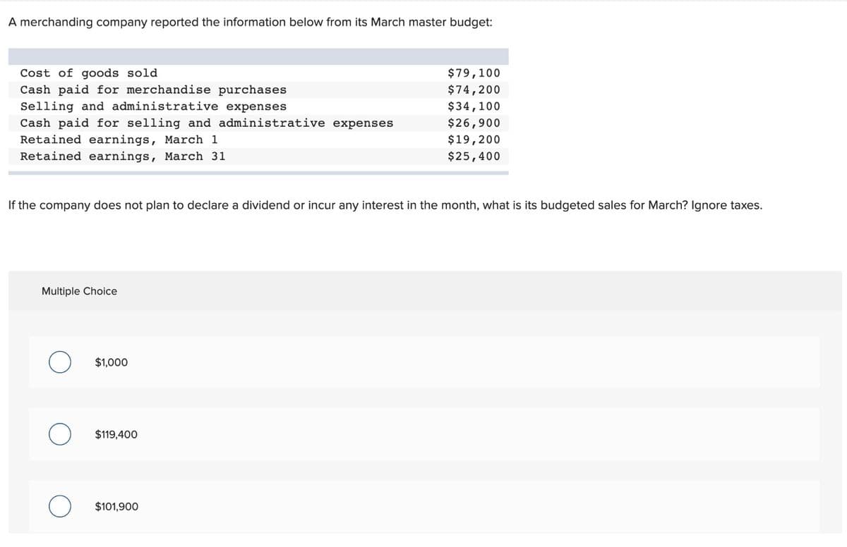 A merchanding company reported the information below from its March master budget:
Cost of goods sold
Cash paid for merchandise purchases
Selling and administrative expenses
$79,100
$74,200
$34,100
Cash paid for selling and administrative expenses
Retained earnings, March 1
$26,900
$19,200
Retained earnings, March 31
$25,400
If the company does not plan to declare a dividend or incur any interest in the month, what is its budgeted sales for March? Ignore taxes.
Multiple Choice
$1,000
$119,400
$101,900
