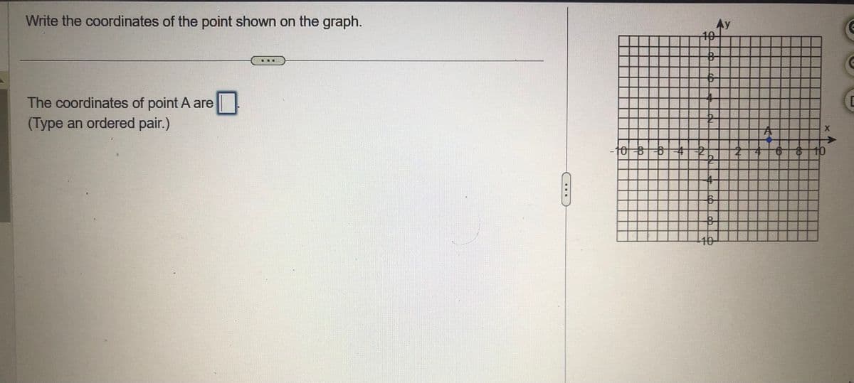 Write the coordinates of the point shown on the graph.
The coordinates of point A are
(Type an ordered pair.)
B
6
-10 8 6 4 2
6
10
Ay
X
$10