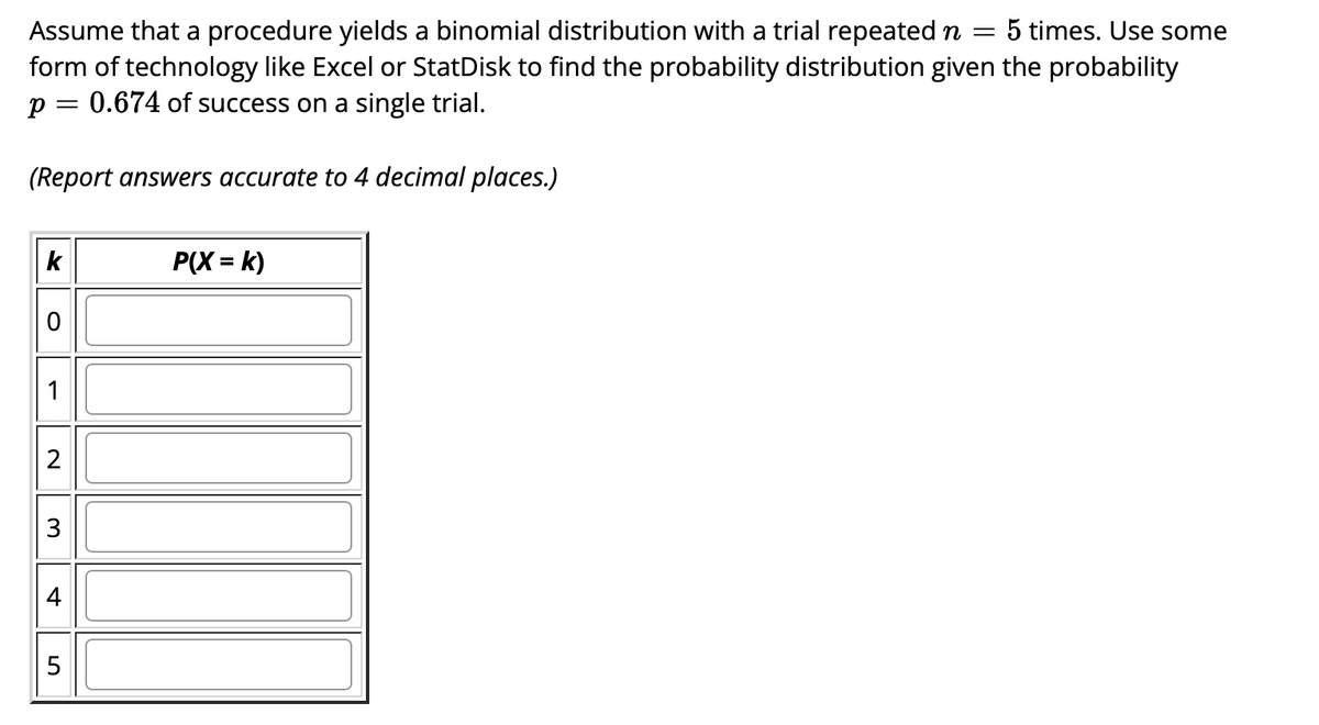 5 times. Use some
Assume that a procedure yields a binomial distribution with a trial repeated n
form of technology like Excel or StatDisk to find the probability distribution given the probability
p = 0.674 of success on a single trial.
(Report answers accurate to 4 decimal places.)
k
P(X = k)
