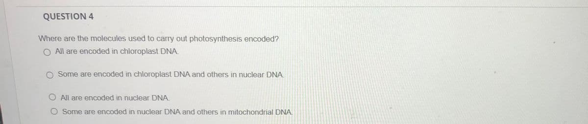 QUESTION 4
Where are the molecules used to carry out photosynthesis encoded?
O All are encoded in chloroplast DNA.
O Some are encoded in chloroplast DNA and others in nuclear DNA.
O All are encoded in nuclear DNA.
Some are encoded in nuclear DNA and others in mitochondrial DNA.
