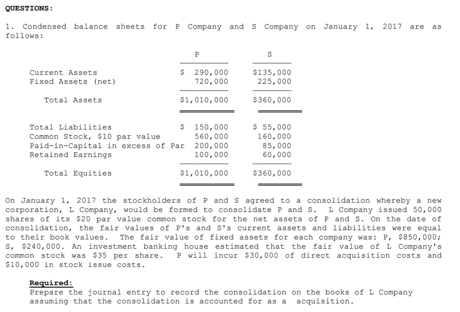 QUESTIONS:
1. Condensed balance sheets for P Company and s Company on
January 1,
2017
are
as
follows:
$ 290,000
720,000
$135,000
225,000
Current Assets
Fixed Assets (net)
Total Assets
$1,010,000
$360,000
150,000
560,000
Paid-in-Capital in excess of Par 200,000
100,000
$ 55,000
160,000
85,000
60,000
Total Liabilities
$
Common Stock, $10 par value
Retained Earnings
Total Equities
$1,010,000
$360,000
On January 1, 2017 the stockholders of P and S agreed to
corporation, L Company, would be formed to consolidate P and S.
shares of its $20 par value common stock for the net assets of P and S. On the date of
consolidation, the fair values of P's and S's current assets and liabilities were equal
a consolidation whereby a
L Company issued 50,000
new
to their book values.
The fair value of fixed assets for each company was: P, $850,000;
s, $240,000. An investment banking house estimated that the fair value of L Company's
common stock was $35 per share.
$10,000 in stock issue costs.
P will incur $30,000 of direct acquisition costs and
Required:
Prepare the journal entry to record the consolidation on the books of L Company
assuming that the consolidation is accounted for as a
acquisition.
