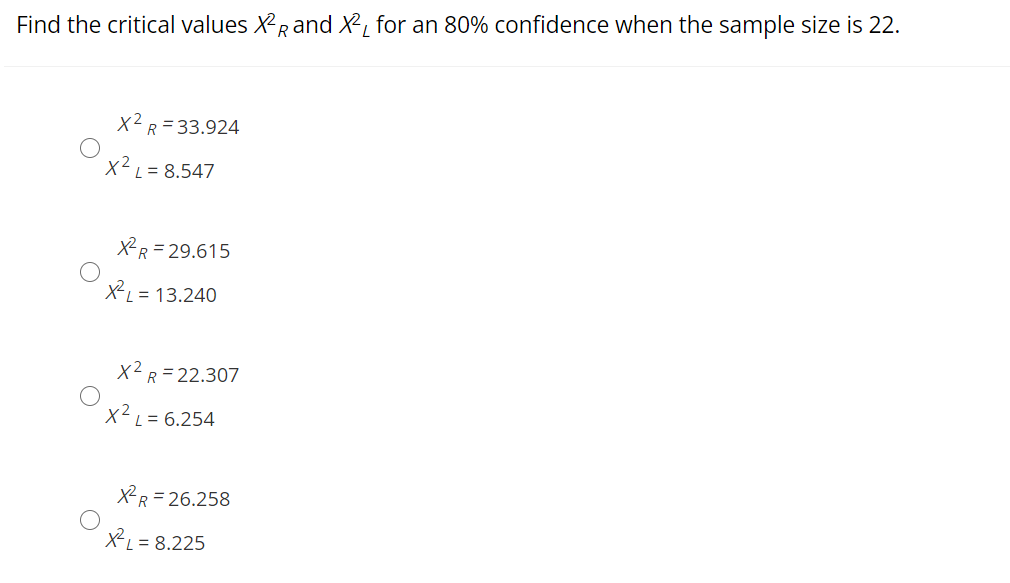 Find the critical values XRand X, for an 80% confidence when the sample size is 22.
XR=33.924
X²L = 8.547
XR = 29.615
XL = 13.240
XR= 22.307
X² L = 6.254
XR = 26.258
XL = 8.225
