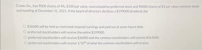 Crane, Inc., has 9000 shares of 4%, $100 par value, noncumulative preferred stock and 90000 shares of $1 par value common stock
outstanding at December 31, 2021. If the board of directors declares a $199000 dividend, the
O $36000 will be held as restricted retained earnings and paid out at some future date.
O preferred stockholders will receive the entire $199000.
O preferred stockholders will receive $36000 and the common stockholders will receive $163000.
O preferred stockholders will receive 1/10th of what the common stockholders will receive.