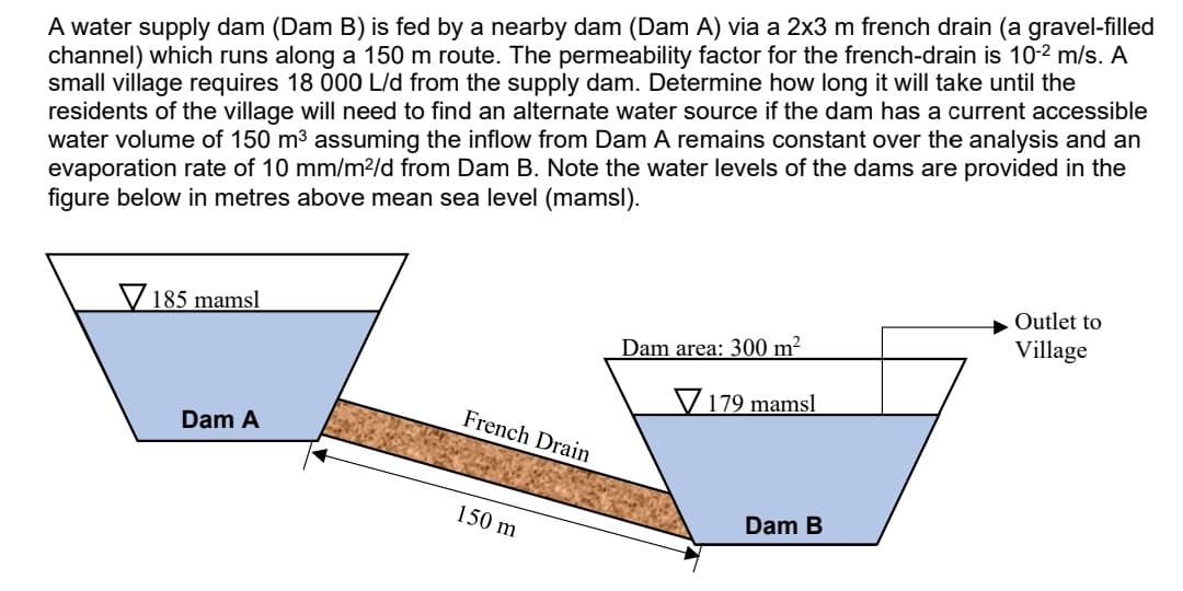 A water supply dam (Dam B) is fed by a nearby dam (Dam A) via a 2x3 m french drain (a gravel-filled
channel) which runs along a 150 m route. The permeability factor for the french-drain is 10-2 m/s. A
small village requires 18 000 L/d from the supply dam. Determine how long it will take until the
residents of the village will need to find an alternate water source if the dam has a current accessible
water volume of 150 m3 assuming the inflow from Dam A remains constant over the analysis and an
evaporation rate of 10 mm/m?/d from Dam B. Note the water levels of the dams are provided in the
figure below in metres above mean sea level (mamsl).
Outlet to
V185 mamsl
Village
Dam area: 300 m²
V 179 mamsl
French Drain
Dam A
150 m
Dam B
