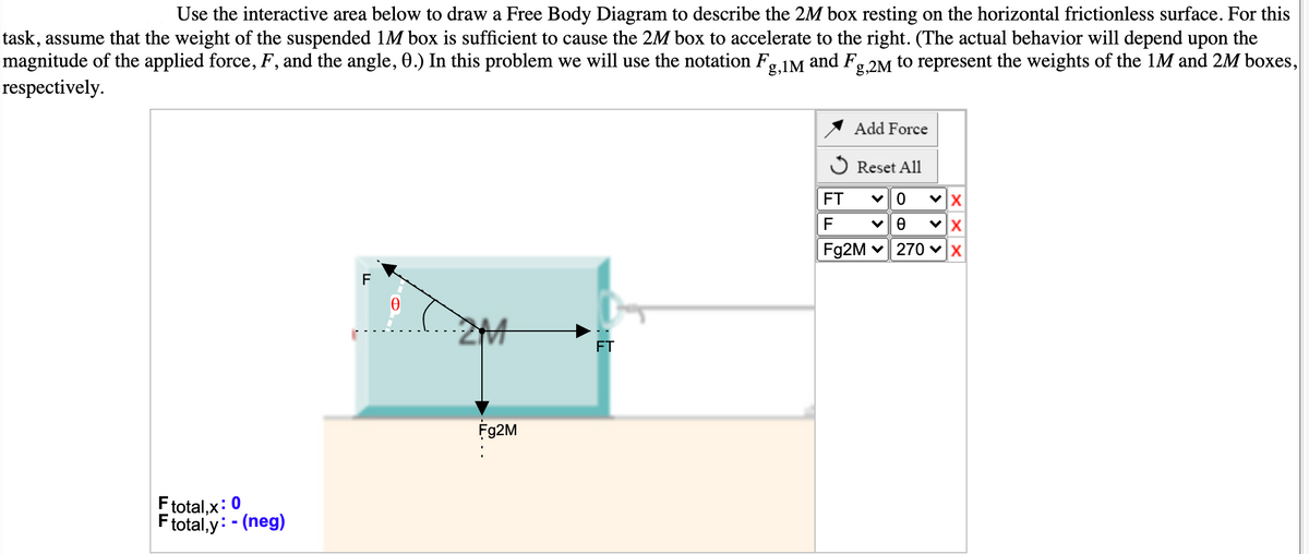 Use the interactive area below to draw a Free Body Diagram to describe the 2M box resting on the horizontal frictionless surface. For this
task, assume that the weight of the suspended 1M box is sufficient to cause the 2M box to accelerate to the right. (The actual behavior will depend upon the
magnitude of the applied force, F, and the angle, 0.) In this problem we will use the notation F,
respectively.
g,1M and F.
g,2M to represent the weights of the 1M and 2M boxes,
Add Force
O Reset All
FT
F
F92M v 270 ♥x
F
FT
F92M
Ftotal,x: 0
Ftotal,y: - (neg)
