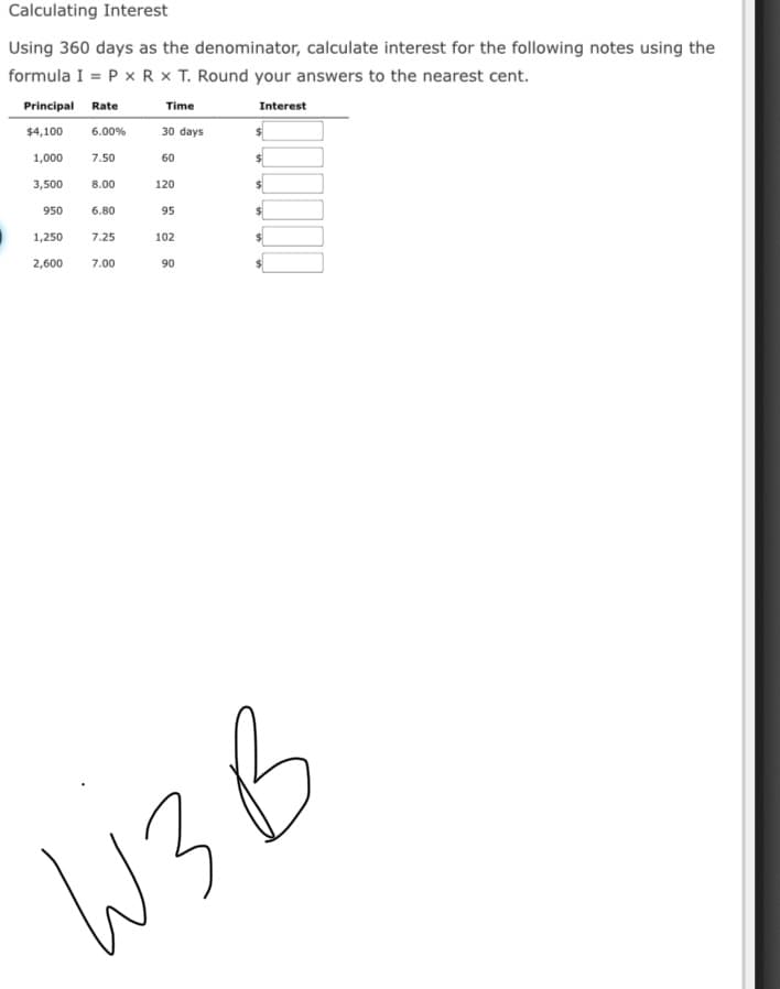 Calculating Interest
Using 360 days as the denominator, calculate interest for the following notes using the
formula I = P x Rx T. Round your answers to the nearest cent.
Principal Rate
Time
Interest
$4,100
6.00%
30 days
1,000
7.50
60
3,500
8.00
120
950
6.80
95
1,250
7.25
102
2,600
7.00
90
W3 B
