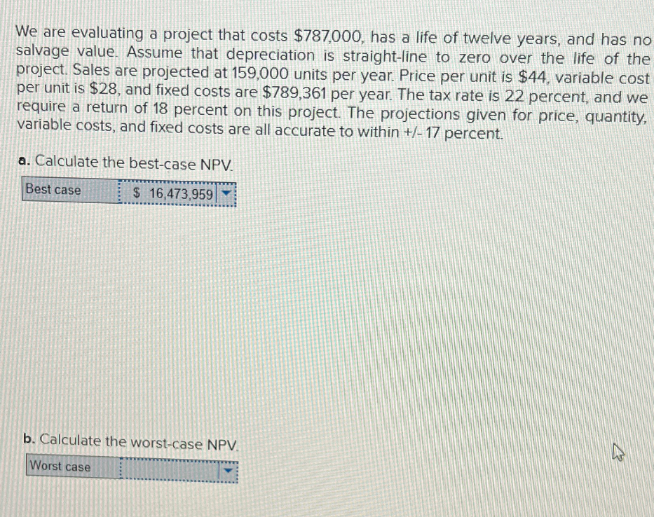 We are evaluating a project that costs $787,000, has a life of twelve years, and has no
salvage value. Assume that depreciation is straight-line to zero over the life of the
project. Sales are projected at 159,000 units per year. Price per unit is $44, variable cost
per unit is $28, and fixed costs are $789,361 per year. The tax rate is 22 percent, and we
require a return of 18 percent on this project. The projections given for price, quantity,
variable costs, and fixed costs are all accurate to within +/- 17 percent.
a. Calculate the best-case NPV.
Best case
$ 16,473,959
b. Calculate the worst-case NPV.
Worst case
13