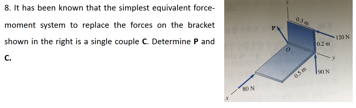 8. It has been known that the simplest equivalent force-
moment system to replace the forces on the bracket
shown in the right is a single couple C. Determine P and
C.
DPRD SIP
80 N
0.3 m
0.5 m
0.2 m
90 N
120 N
y