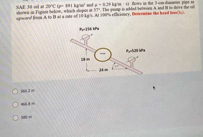 SAE 30 oil at 20°C (p= 891 kg/m³ and μ = 0.29 kg/m s) flows in the 3-cm-diameter pipe as
shown in Figure below, which slopes at 37°. The pump is added between A and B to drive the oil
upward from A to B at a rate of 10 kg/s. At 100% efficiency, Determine the head loss(h₂).
560.2 m
466.8 m.
580 m
Pe=156 kPa
18 m.
24 m
37
PA 520 kPa
R