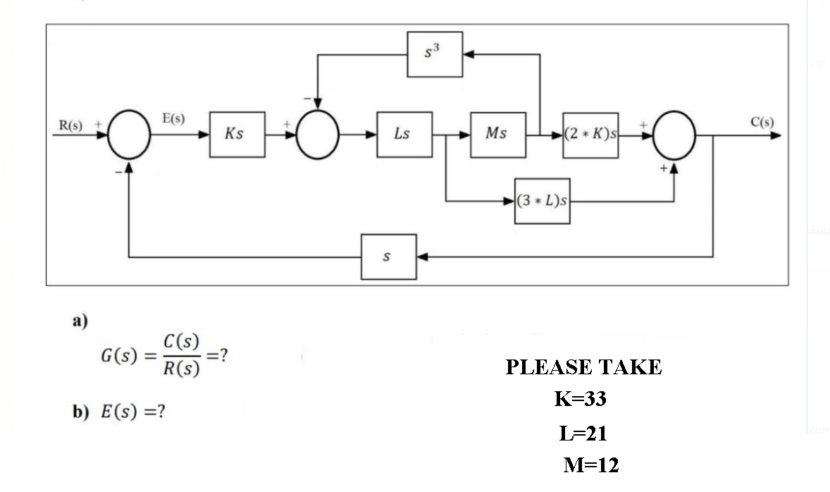 R(s)
E(s)
C(s)
Ks
Ls
Ms
(2 K)s-
(3 * L)s
S
а)
C(s)
=?
R(s)
G(s) :
PLEASE TAKE
K=33
b) E(s) =?
L=21
M=12
