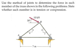 Use the method of joints to determine the force in each
member of the truss shown in the following problems. State
whether each member is in tension or compression.
10 kN
30
7 m
