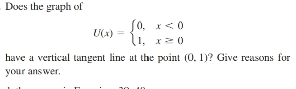 Does the graph of
S0, x< 0
U(x) =
1, x2 0
have a vertical tangent line at the point (0, 1)?
your answer.
Give reasons for
