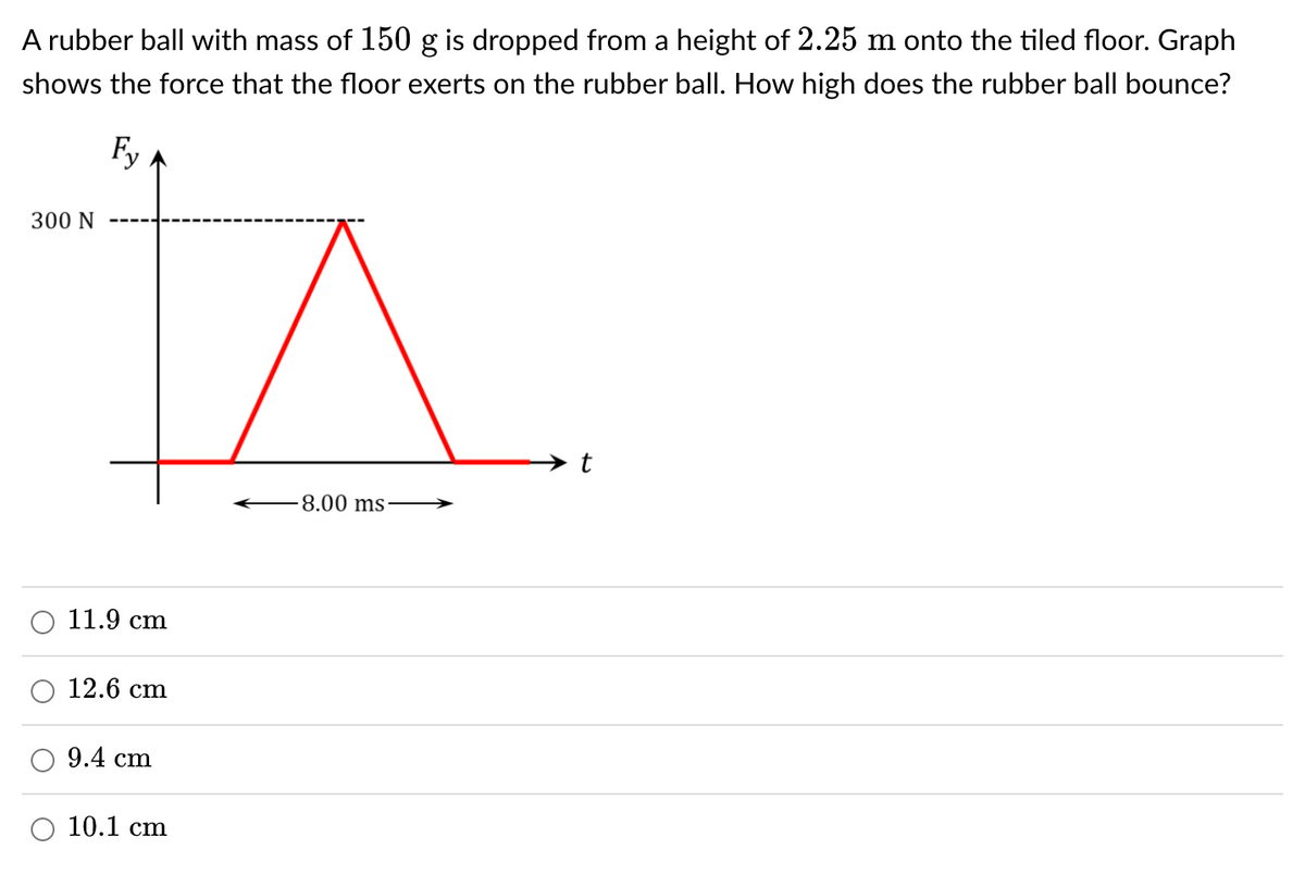 A rubber ball with mass of 150 g is dropped from a height of 2.25 m onto the tiled floor. Graph
shows the force that the floor exerts on the rubber ball. How high does the rubber ball bounce?
Fy
300 N
^
8.00 ms
11.9 cm
12.6 cm
9.4 cm
10.1 cm